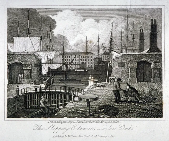 Framed Print : View of the shipping entrance to London Docks, Wapping, 1817. Artist: JC Varrall Framed Print : View of the shipping entrance to London Docks, Wapping, 1817. Artist: JC Varrall