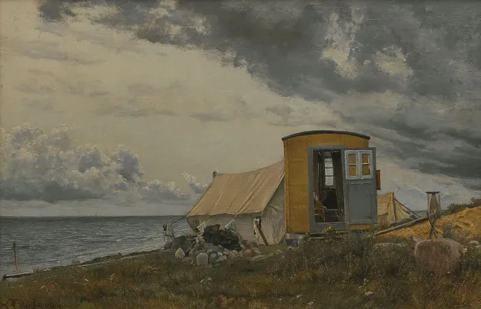 Framed Print : View of a Shore with the Artist's Wagon and Tent at Enö, 1913. Creator: Laurits Andersen Ring Framed Print : View of a Shore with the Artist's Wagon and Tent at Enö, 1913. Creator: Laurits Andersen Ring