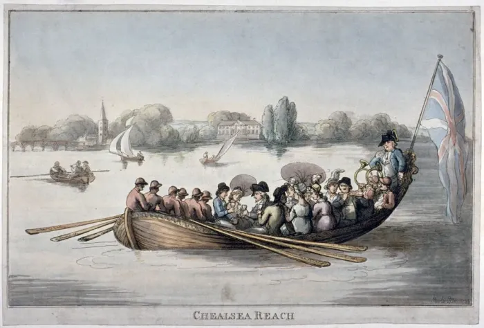 Framed Print : View showing figures in a rowing boat on the Thames at Chelsea Reach, London, 1799 Framed Print : View showing figures in a rowing boat on the Thames at Chelsea Reach, London, 1799