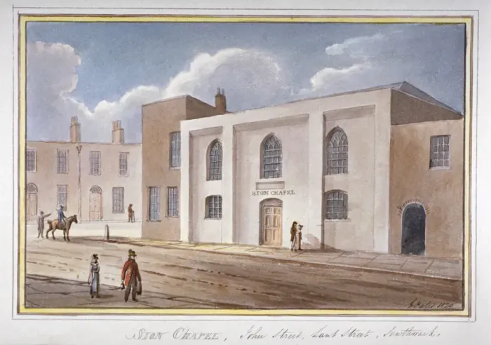 Framed Print : View of the Sion Chapel on John Street, Southwark, London, 1825. Artist: G Yates Framed Print : View of the Sion Chapel on John Street, Southwark, London, 1825. Artist: G Yates