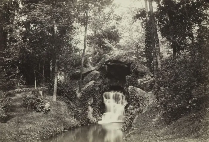 Framed Print : View of the Small Grotto toward the Deer Pond, Bois de Boulogne, 1858. Creator: Charles Marville Framed Print : View of the Small Grotto toward the Deer Pond, Bois de Boulogne, 1858. Creator: Charles Marville