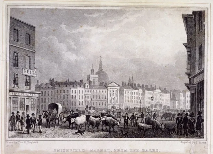 Framed Print : View of Smithfield Market from the Barrs, London, 1830. Artist: Thomas Barber Framed Print : View of Smithfield Market from the Barrs, London, 1830. Artist: Thomas Barber