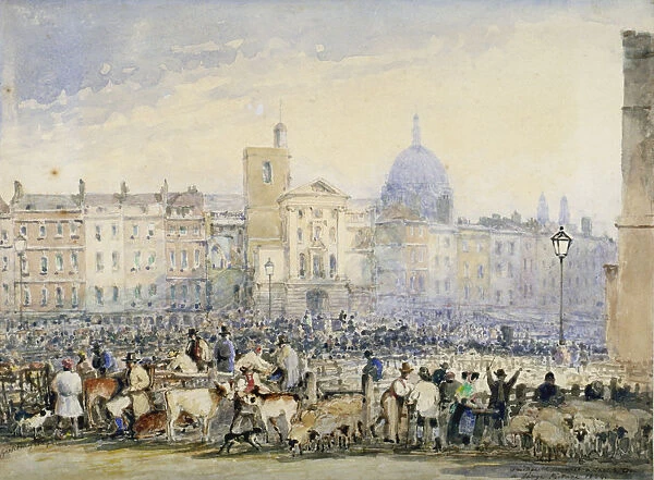 View of Smithfield Market with figures and animals, City of London, 1824