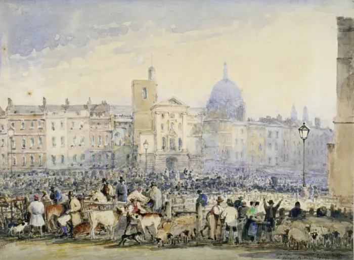 Framed Print : View of Smithfield Market with figures and animals, City of London, 1824 Framed Print : View of Smithfield Market with figures and animals, City of London, 1824