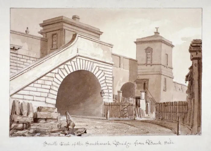 Framed Print : View of the south end of Southwark Bridge from Bankside, Southwark, London, 1828 Framed Print : View of the south end of Southwark Bridge from Bankside, Southwark, London, 1828