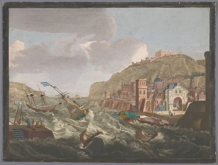 Framed Print : View of a southern harbor with ships and boats on the wild water, 1700-1799. Creators: Anon, Pierre Maleuvre Framed Print : View of a southern harbor with ships and boats on the wild water, 1700-1799. Creators: Anon, Pierre Maleuvre