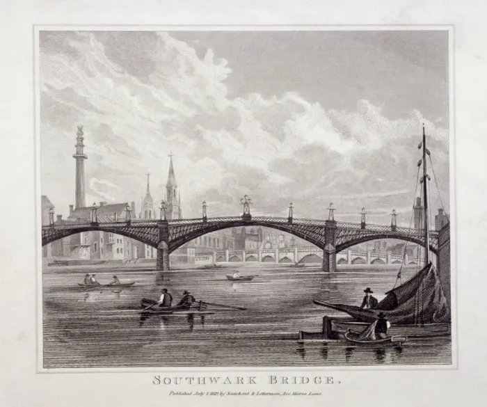 Framed Print : View of Southwark Bridge with boats on the Thames, 1819 Framed Print : View of Southwark Bridge with boats on the Thames, 1819