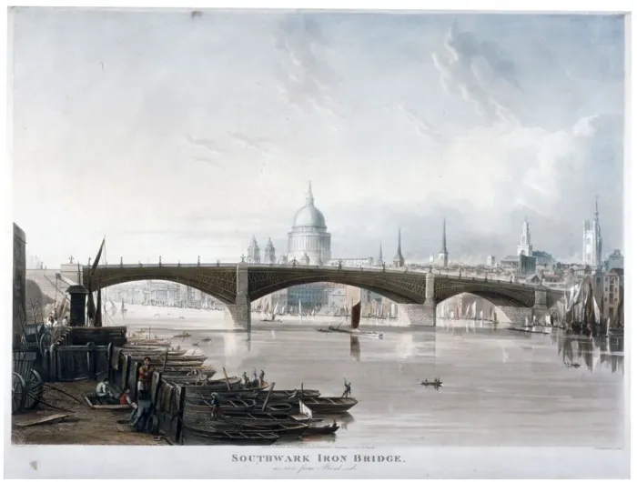 Framed Print : View of Southwark Iron Bridge from Bankside, London, 1819. Artist: Thomas Sutherland Framed Print : View of Southwark Iron Bridge from Bankside, London, 1819. Artist: Thomas Sutherland