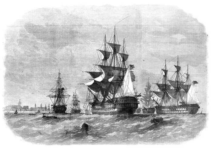 Framed Print : View from Spanish Point, Bermuda, showing the dockyard, and the fleet at anchor in Grassy Bay, 1862. Creator: Unknown Framed Print : View from Spanish Point, Bermuda, showing the dockyard, and the fleet at anchor in Grassy Bay, 1862. Creator: Unknown