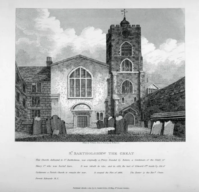 Framed Print : View of St Bartholomew-the-Great from the churchyard, City of London, 1810. Artist Framed Print : View of St Bartholomew-the-Great from the churchyard, City of London, 1810. Artist