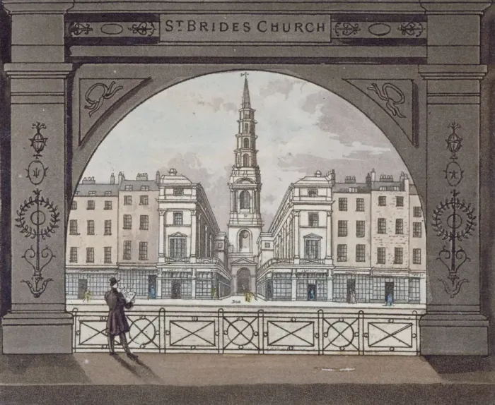 Framed Print : View of St Brides Church, Fleet Street, through an archway, City of London, 1820 Framed Print : View of St Brides Church, Fleet Street, through an archway, City of London, 1820
