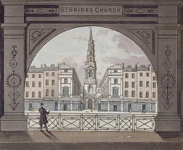 View of St Brides Church, Fleet Street, through an archway, City of London, 1820