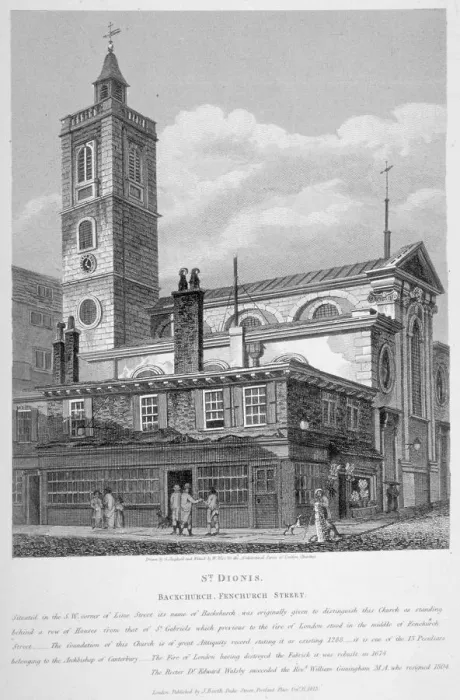 Framed Print : View of St Dionis Backchurch from Fenchurch Street, City of London, 1813. Artist Framed Print : View of St Dionis Backchurch from Fenchurch Street, City of London, 1813. Artist