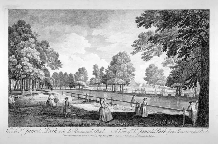 Framed Print : View of St Jamess Park from Rosamonds Pond, Westminster, London, 1745. Artist Framed Print : View of St Jamess Park from Rosamonds Pond, Westminster, London, 1745. Artist