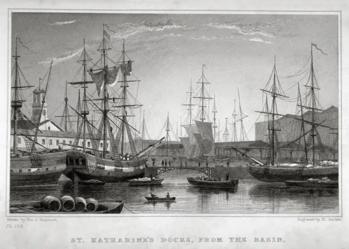 Framed Print : View of St Katharines Dock from the basin, London, c1830. Artist: Henry Jorden Framed Print : View of St Katharines Dock from the basin, London, c1830. Artist: Henry Jorden