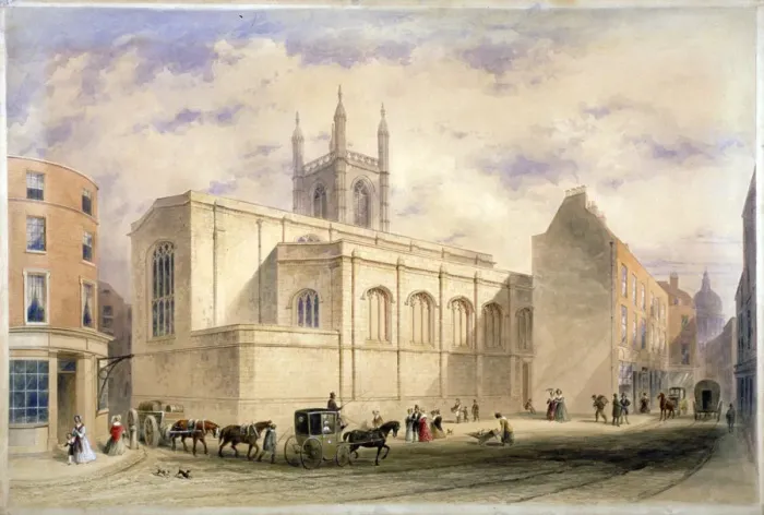 Framed Print : View of St Mary Aldermary with a street scene in Watling Street, City of London, c1850 Framed Print : View of St Mary Aldermary with a street scene in Watling Street, City of London, c1850