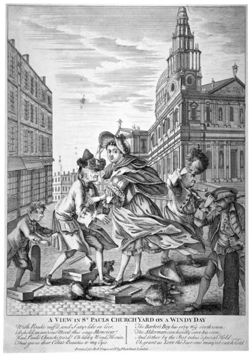 Framed Print : A view in St Pauls Churchyard on a windy day, 1740. Artist Framed Print : A view in St Pauls Churchyard on a windy day, 1740. Artist