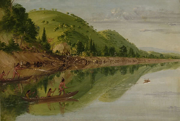 View on the St. Peters River, Sioux Indians Pursuing a Stag in their Canoes, 1836-1837