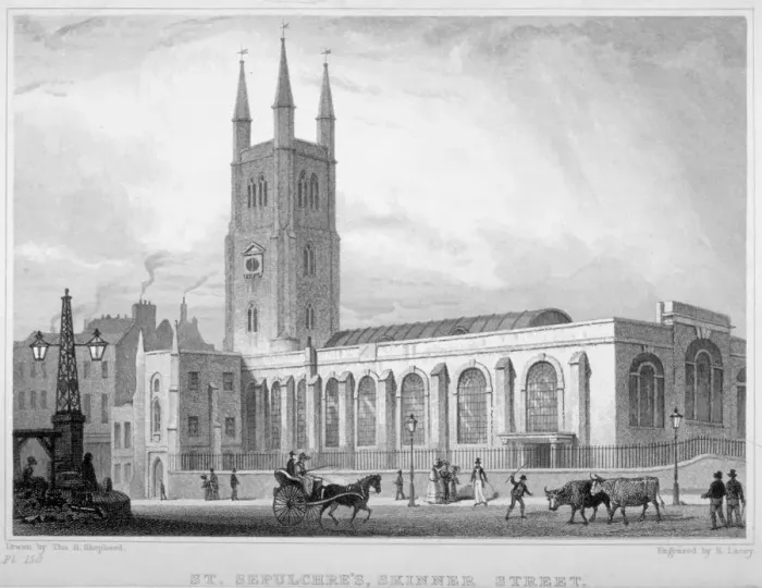 Framed Print : View of St Sepulchre Church, Skinner Street, City of London, 1830. Artist:s Lacey Framed Print : View of St Sepulchre Church, Skinner Street, City of London, 1830. Artist:s Lacey