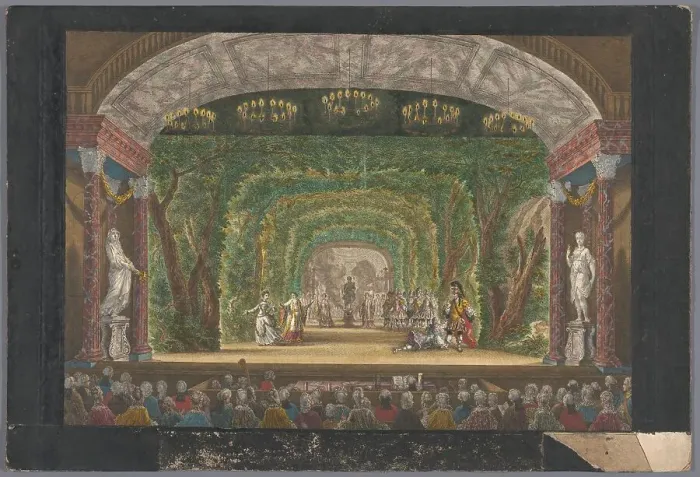 Framed Print : View of the stage of the Schouwburg in Amsterdam with a performance for Willem V... 1768-1799. Creator: Anon Framed Print : View of the stage of the Schouwburg in Amsterdam with a performance for Willem V... 1768-1799. Creator: Anon