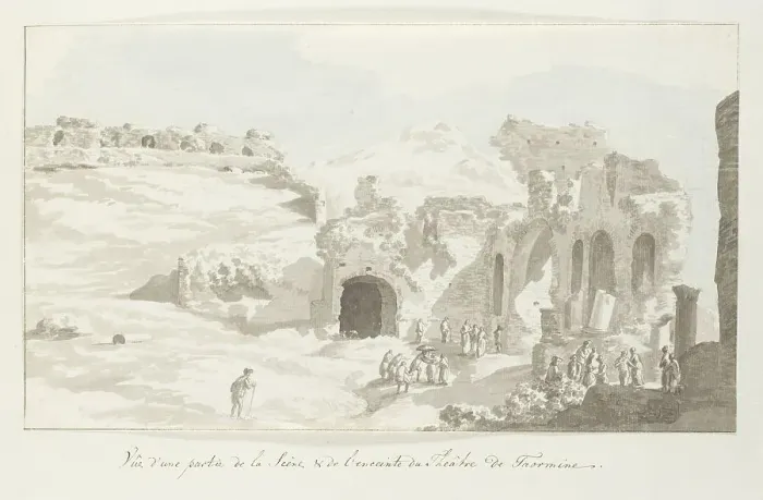 Framed Print : View of part of the stage and wall behind at Taormina theater, 1778. Creator: Louis Ducros Framed Print : View of part of the stage and wall behind at Taormina theater, 1778. Creator: Louis Ducros