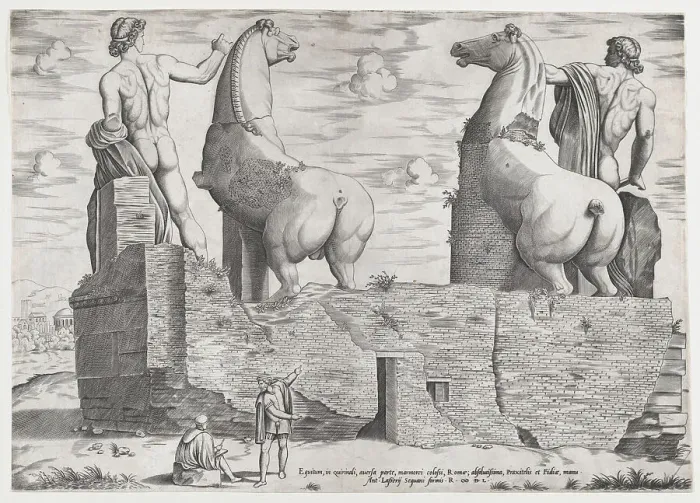 Framed Print : View of the Back of Statues of the Dioscuri at the Quirinal, 1550. Creator: Anon Framed Print : View of the Back of Statues of the Dioscuri at the Quirinal, 1550. Creator: Anon