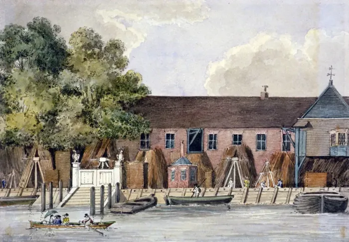 Framed Print : View of the Steelyard from the River Thames, Upper Thames Street, London, c1801 Framed Print : View of the Steelyard from the River Thames, Upper Thames Street, London, c1801