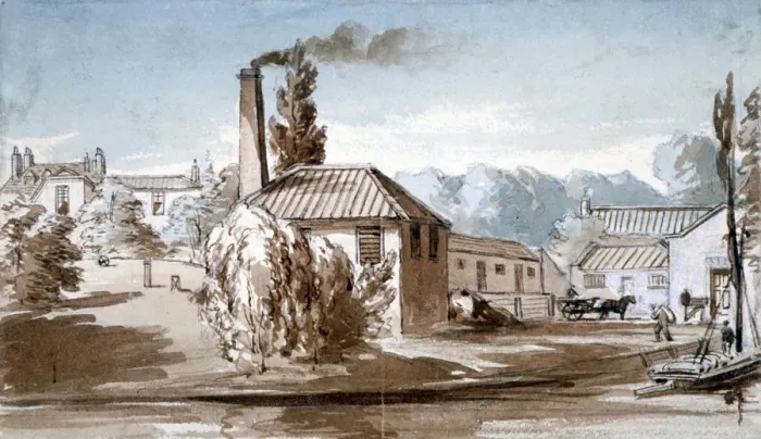 Framed Print : View of Stephenson and Giles Starch Works at Old Ford, Bow, London, c1830. Artist Framed Print : View of Stephenson and Giles Starch Works at Old Ford, Bow, London, c1830. Artist