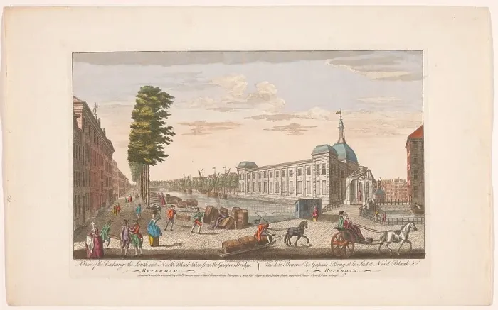 Framed Print : View of the Stock Exchange, Rotterdam; taken from the Gaapers Bridge, 1752. Creator: Anon Framed Print : View of the Stock Exchange, Rotterdam; taken from the Gaapers Bridge, 1752. Creator: Anon