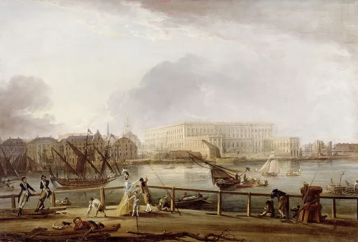 Framed Print : View of Stockholm Palace from the Skeppsholm Bridge, early 1780s. Creator: Elias Martin Framed Print : View of Stockholm Palace from the Skeppsholm Bridge, early 1780s. Creator: Elias Martin