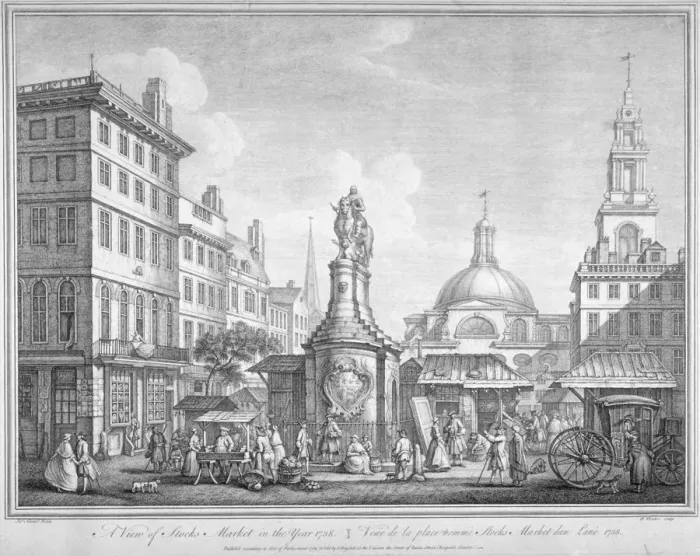 Framed Print : View of the Stocks Market in Poutry, City of London, in the year 1738 (1752). Artist Framed Print : View of the Stocks Market in Poutry, City of London, in the year 1738 (1752). Artist