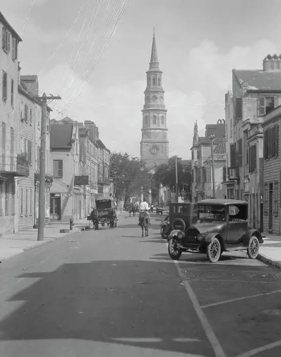 Framed Print : View down street to St. Philip's Church, Charleston, South Carolina, between 1920 and 1926. Creator: Arnold Genthe Framed Print : View down street to St. Philip's Church, Charleston, South Carolina, between 1920 and 1926. Creator: Arnold Genthe