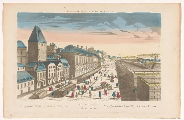 Framed Print : View of a street with wooden stalls in Vienna, 1700-1799. Creator: Anon Framed Print : View of a street with wooden stalls in Vienna, 1700-1799. Creator: Anon