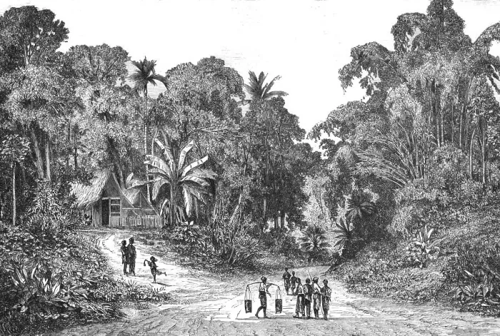 Framed Print : View in the suburbs of Batavia; from Sydney to Singapore, 1875. Creator: Unknown Framed Print : View in the suburbs of Batavia; from Sydney to Singapore, 1875. Creator: Unknown