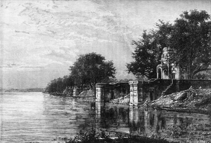 Framed Print : View of the Suttee Chaora-Ghat, of Broad Staircase of Funerals, on the Ganges at Cawnpore, c1891. Creator: James Grant