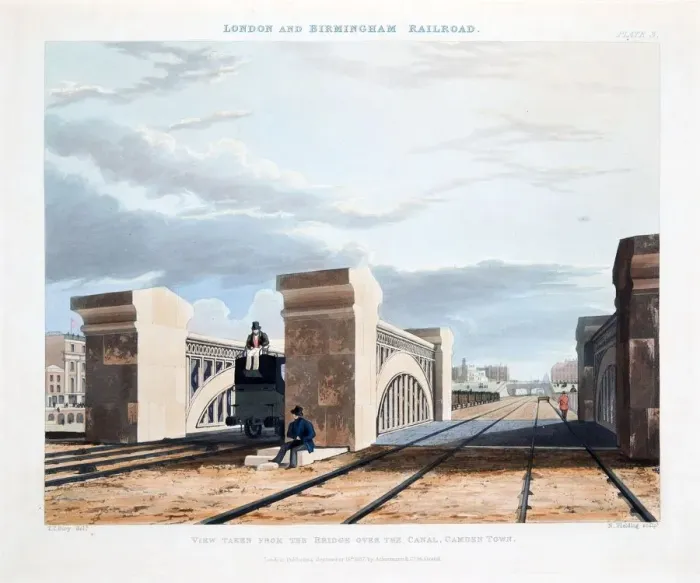 Framed Print : View Taken from the Bridge over the Canal, Camden Town, published 1837 (hand coloured