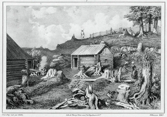 Framed Print : View taken in the Russian colony of Novo-Arkhangelsk (Sitkha island) (northwes... 19th century. Creators: Friedrich Heinrich Kittlitz, Godefroy Engelmann)