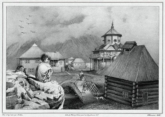 Framed Print : View taken in the Russian colony of Novo-Arkhangelsk (Sitkha island) (northwest... 19th century. Creators: Friedrich Heinrich Kittlitz, Godefroy Engelmann) Framed Print : View taken in the Russian colony of Novo-Arkhangelsk (Sitkha island) (northwest... 19th century. Creators: Friedrich Heinrich Kittlitz, Godefroy Engelmann)