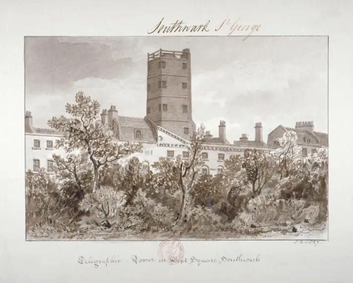 Framed Print : View of telegraphic tower in West Square, Southwark, London, 1827 Framed Print : View of telegraphic tower in West Square, Southwark, London, 1827