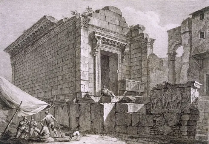 Framed Print : View of the Temple of Aesculapius, pub. 1764. Creator: Robert Adam (1728-92) Framed Print : View of the Temple of Aesculapius, pub. 1764. Creator: Robert Adam (1728-92)