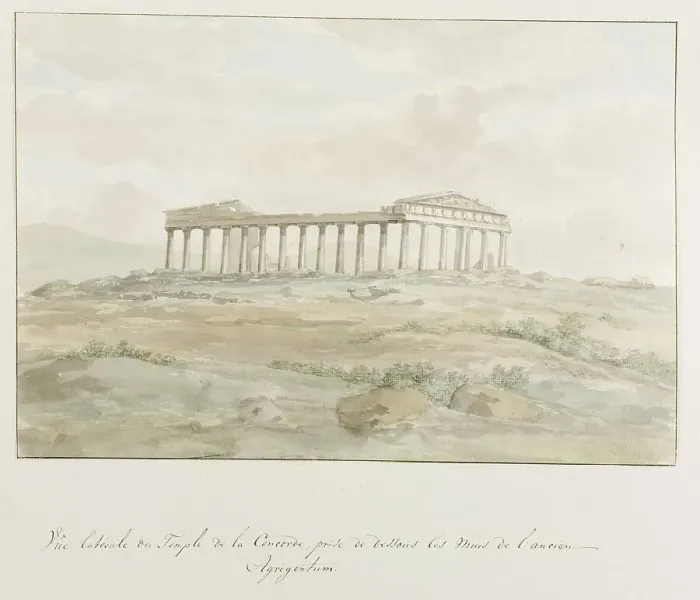 Framed Print : Side view of the Temple of Concordia within the walls of Ancient Agrigento, 1778. Creator: Louis Ducros Framed Print : Side view of the Temple of Concordia within the walls of Ancient Agrigento, 1778. Creator: Louis Ducros