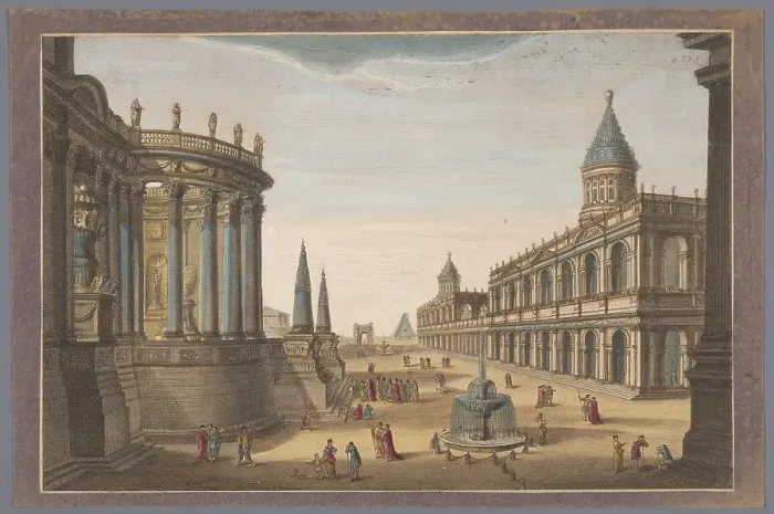 Framed Print : View of the Temple of Vesta, the Pyramid of Cestius and other buildings in Rome, 1745-1794. Creator: Anon Framed Print : View of the Temple of Vesta, the Pyramid of Cestius and other buildings in Rome, 1745-1794. Creator: Anon