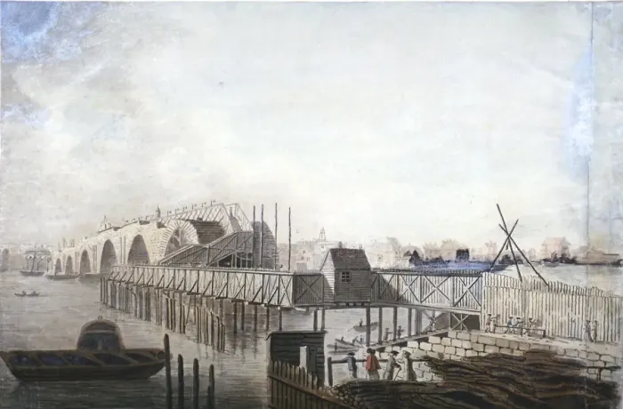 Framed Print : View of the temporary bridge at Blackfriars, London, 1762. Artist: Francis Grose Framed Print : View of the temporary bridge at Blackfriars, London, 1762. Artist: Francis Grose