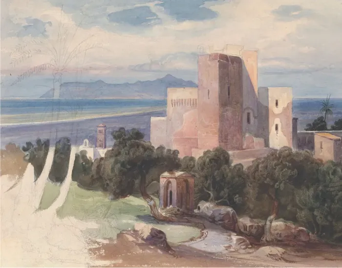 Framed Print : View on Terracina with Mount Circeo (recto)... mid-19th century. Creator: Carl von Bls Framed Print : View on Terracina with Mount Circeo (recto)... mid-19th century. Creator: Carl von Bls