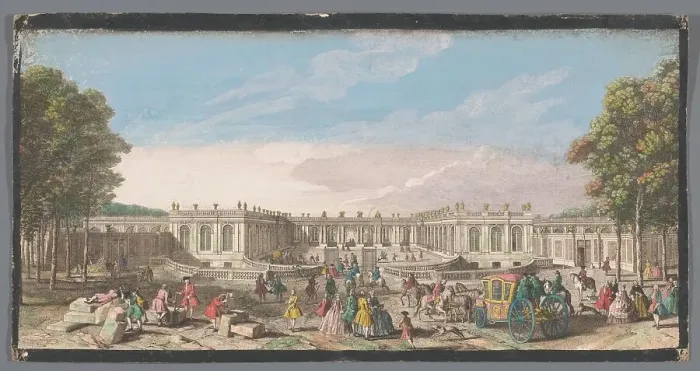 Framed Print : View of the front of the Grand Trianon in the garden of Versailles, 1700-1799. Creators: Anon, Jacques Rigaud Framed Print : View of the front of the Grand Trianon in the garden of Versailles, 1700-1799. Creators: Anon, Jacques Rigaud
