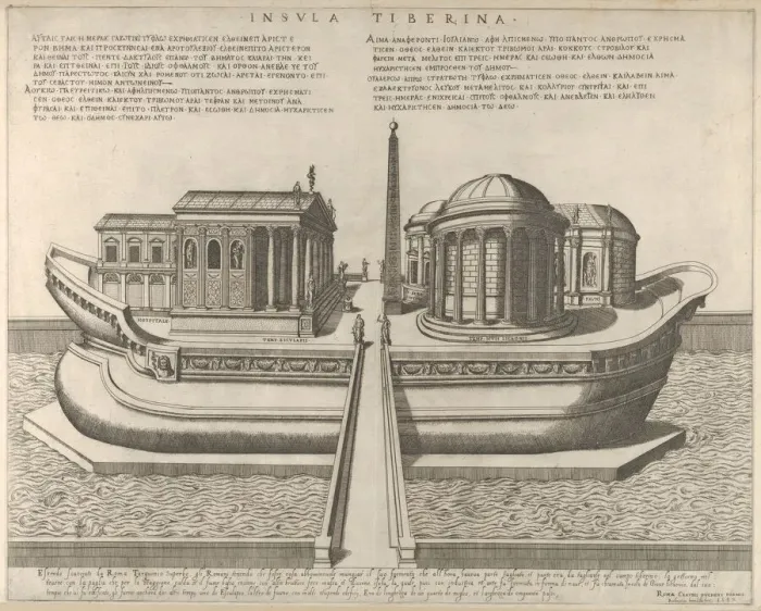 Framed Print : View of the Tiber Island represented as a ship, the Temple of Aesculapius at left, 1582 Framed Print : View of the Tiber Island represented as a ship, the Temple of Aesculapius at left, 1582
