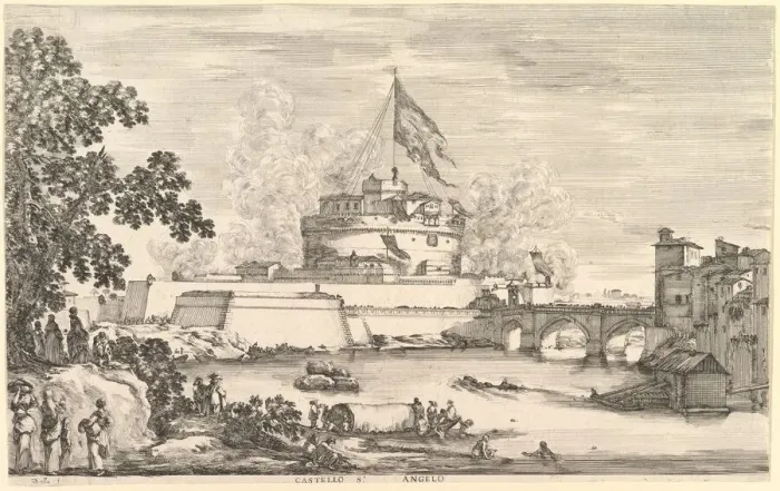 Framed Print : View of the Tiber river, a large tree to left, two groups of women to left in the fore Framed Print : View of the Tiber river, a large tree to left, two groups of women to left in the fore