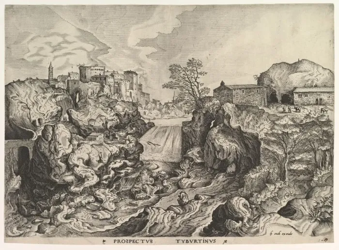 Framed Print : View of the Tiber (Tivoli) (Prospectus Tyburtinus) from The Large Landscapes, ca. 1555-56 Framed Print : View of the Tiber (Tivoli) (Prospectus Tyburtinus) from The Large Landscapes, ca. 1555-56