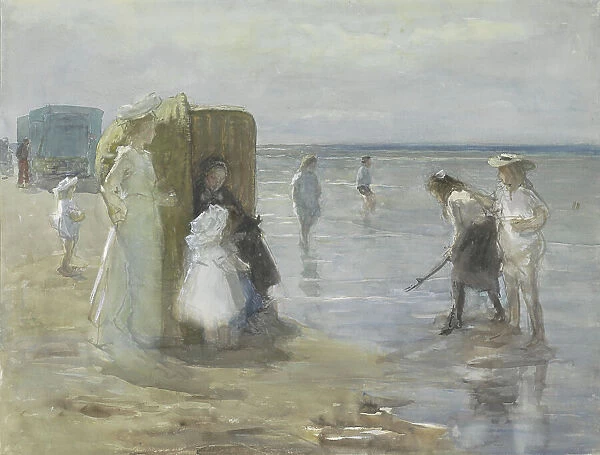 View along the tide line on Scheveningen beach, with women and children, 1874-1927. Creator: Johan Antonie de Jonge