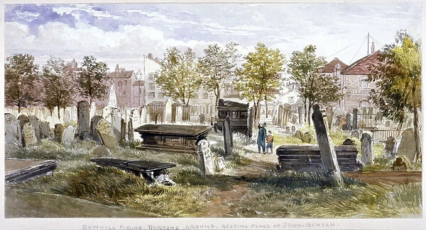 View of tombs and memorial stones in Bunhill Fields, Finsbury, Islington, London, 1866